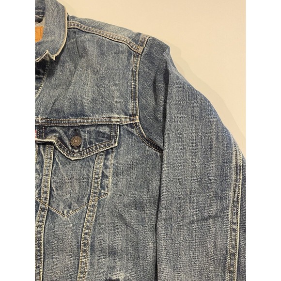 Levi's Premium Mens Blue Denim Button Jacket Pockets Size Large Big E Art Back - Picture 4 of 16